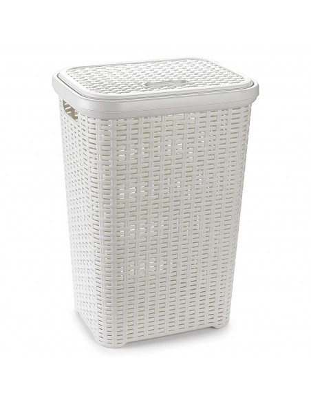 Tradineur - Cesto para ropa sucia con tapa y asas 60 litros, blanco, 61,5 x 42,5 x 34 cm, pongotodo rattan de plástico, cubo par