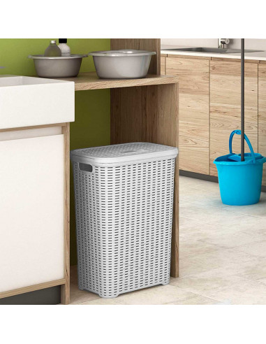 Tradineur - Cesto para ropa sucia con tapa y asas 60 litros, blanco, 61,5 x 42,5 x 34 cm, pongotodo rattan de plástico, cubo par