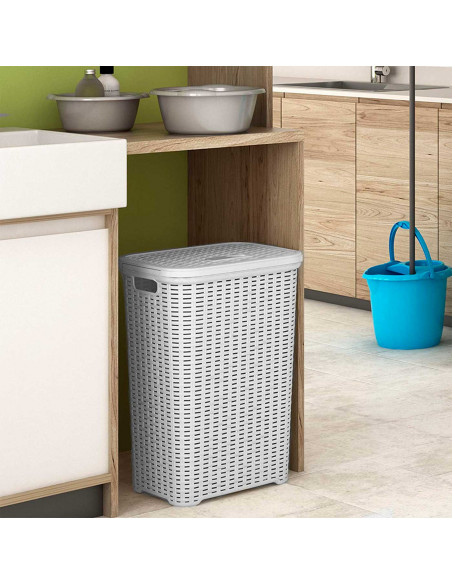 Tradineur - Cesto para ropa sucia con tapa y asas 60 litros, blanco, 61,5 x 42,5 x 34 cm, pongotodo rattan de plástico, cubo par