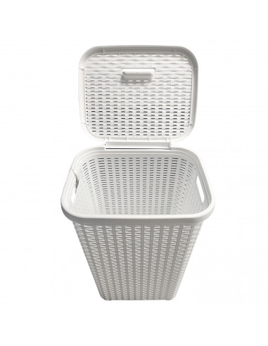 Tradineur - Cesto para ropa sucia con tapa y asas 60 litros, blanco, 61,5 x 42,5 x 34 cm, pongotodo rattan de plástico, cubo par