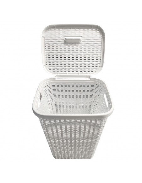 Tradineur - Cesto para ropa sucia con tapa y asas 60 litros, blanco, 61,5 x 42,5 x 34 cm, pongotodo rattan de plástico, cubo par