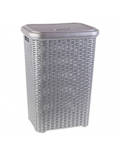Tradineur - Cesto para ropa sucia con tapa y asas 60 litros, gris plata, 61,5 x 42,5 x 34 cm, pongotodo rattan de plástico, cubo