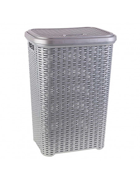Tradineur - Cesto para ropa sucia con tapa y asas 60 litros, gris plata, 61,5 x 42,5 x 34 cm, pongotodo rattan de plástico, cubo