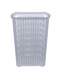 Tradineur - Cesto para ropa sucia con tapa y asas 60 litros, gris plata, 61,5 x 42,5 x 34 cm, pongotodo rattan de plástico, cubo 2