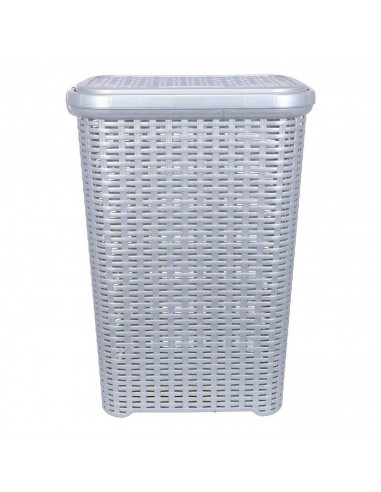 Tradineur - Cesto para ropa sucia con tapa y asas 60 litros, gris plata, 61,5 x 42,5 x 34 cm, pongotodo rattan de plástico, cubo