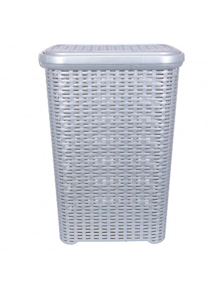Tradineur - Cesto para ropa sucia con tapa y asas 60 litros, gris plata, 61,5 x 42,5 x 34 cm, pongotodo rattan de plástico, cubo