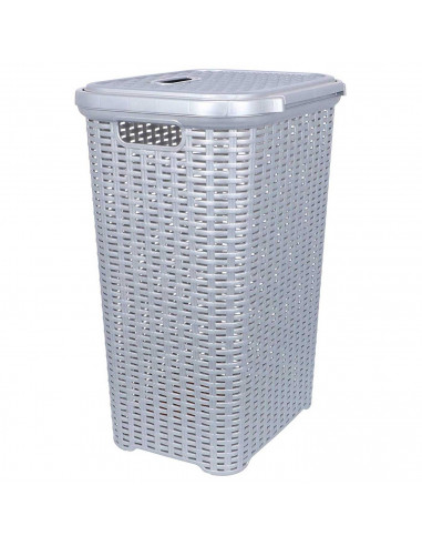 Tradineur - Cesto para ropa sucia con tapa y asas 60 litros, gris plata, 61,5 x 42,5 x 34 cm, pongotodo rattan de plástico, cubo