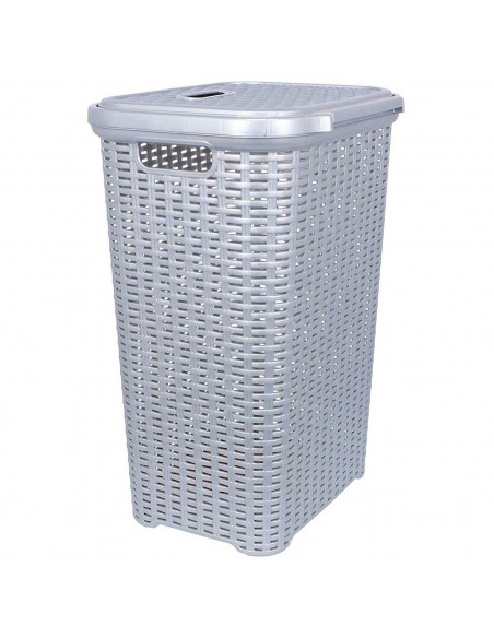 Tradineur - Cesto para ropa sucia con tapa y asas 60 litros, gris plata, 61,5 x 42,5 x 34 cm, pongotodo rattan de plástico, cubo