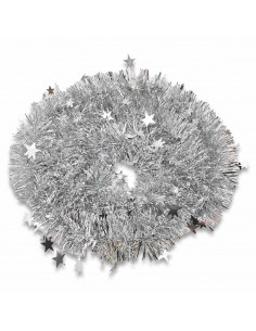Tradineur - Guirnalda navideña plateada con estrellitas, 180 cm, diámetro 10 cm, espumillón brillante gris plata, oropel colgant