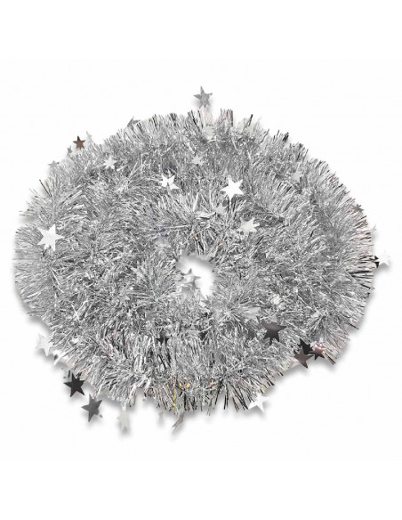 Tradineur - Guirnalda navideña plateada con estrellitas, 180 cm, diámetro 10 cm, espumillón brillante gris plata, oropel colgant