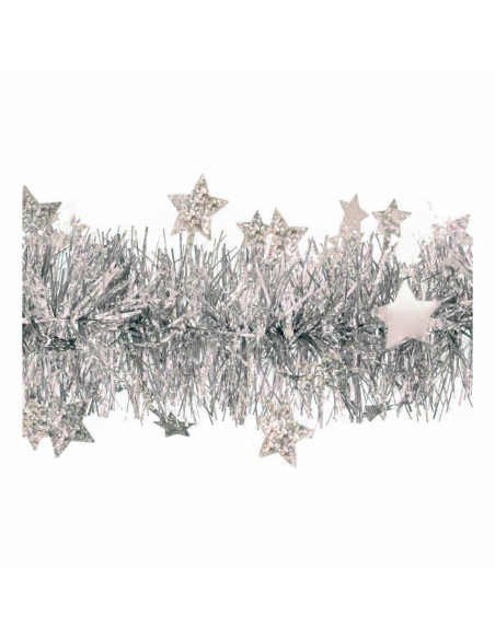 Tradineur - Guirnalda navideña plateada con estrellitas, 180 cm, diámetro 10 cm, espumillón brillante gris plata, oropel colgant