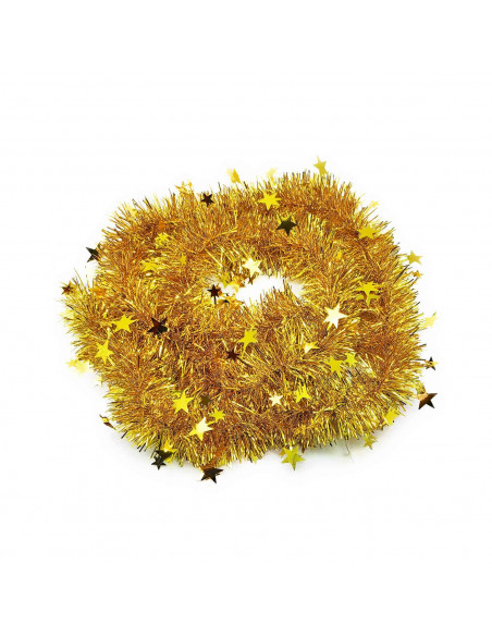 Tradineur - Guirnalda navideña dorada con estrellitas, 180 cm, diámetro 10 cm, espumillón brillante, oropel colgante, decoración