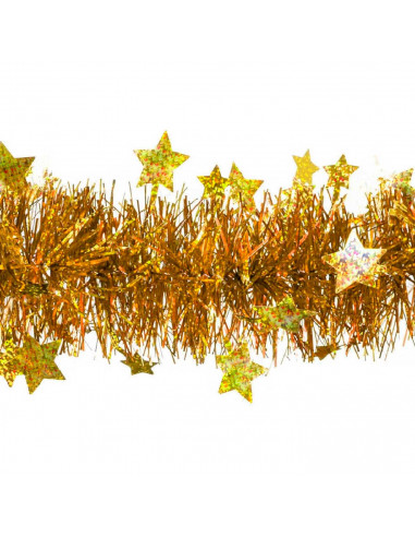 Tradineur - Guirnalda navideña dorada con estrellitas, 180 cm, diámetro 10 cm, espumillón brillante, oropel colgante, decoración