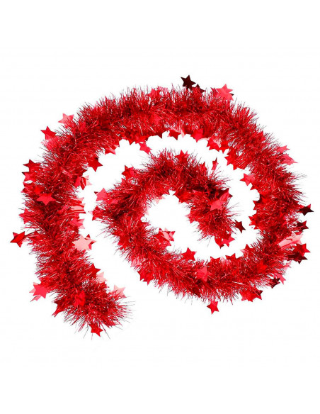 Tradineur - Guirnalda navideña roja con estrellas, 180 cm, diámetro 10 cm, espumillón brillante, oropel colgante, decoración Nav