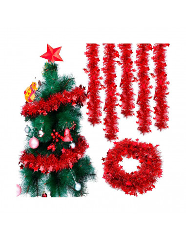 Tradineur - Guirnalda navideña roja con estrellas, 180 cm, diámetro 10 cm, espumillón brillante, oropel colgante, decoración Nav