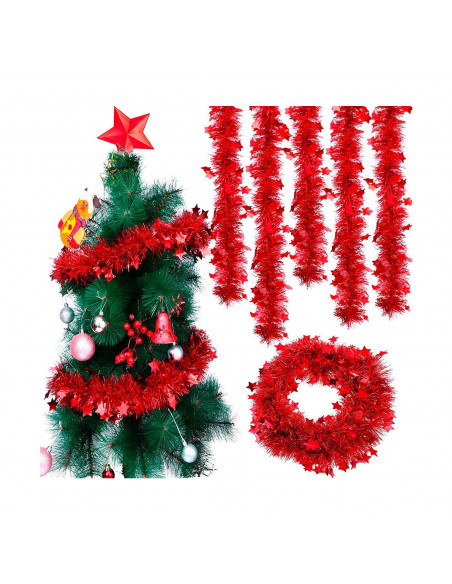 Tradineur - Guirnalda navideña roja con estrellas, 180 cm, diámetro 10 cm, espumillón brillante, oropel colgante, decoración Nav