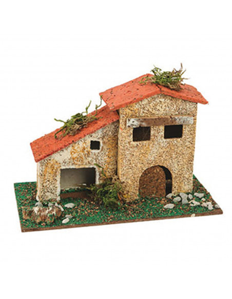 Tradineur - Casa rural de corcho para belén navideño 10 x 15,5 x 9 cm, casa decorativa de pueblo, aldea para nacimiento, pesebre