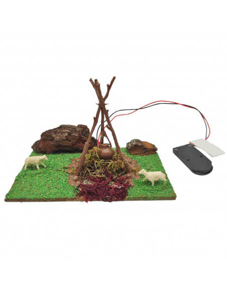 Tradineur - Fogata LED a pilas para belén navideño 9,5 x 15,5 x 9 cm, resina, hoguera luminosa, fuego, figura para nacimiento, p