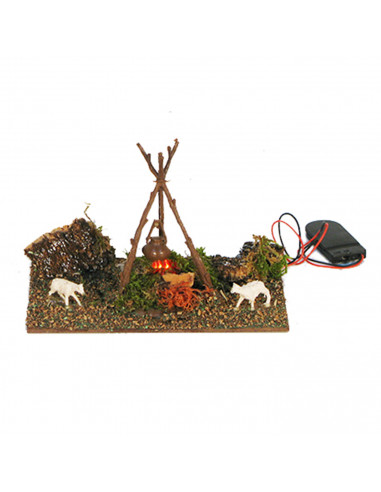 Tradineur - Fogata LED a pilas para belén navideño 9,5 x 15,5 x 9 cm, resina, hoguera luminosa, fuego, figura para nacimiento, p