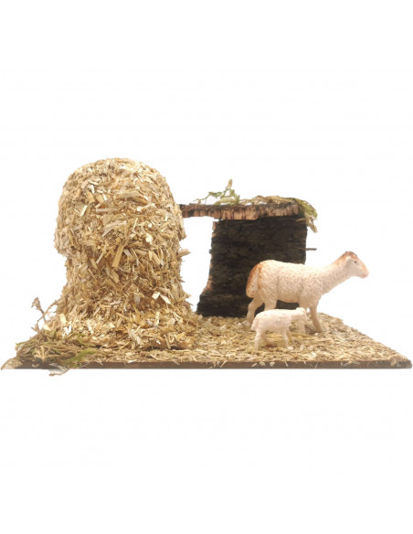 Tradineur - Corral para belén navideño 8,5 x 15,5 x 9 cm, resina y corcho, animales de granja para nacimiento, figuras decorativ