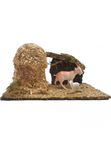Tradineur - Corral para belén navideño 8,5 x 15,5 x 9 cm, resina y corcho, animales de granja para nacimiento, figuras decorativ