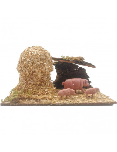 Tradineur - Corral para belén navideño 8,5 x 15,5 x 9 cm, resina y corcho, animales de granja para nacimiento, figuras decorativ