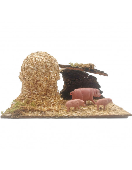 Tradineur - Corral para belén navideño 8,5 x 15,5 x 9 cm, resina y corcho, animales de granja para nacimiento, figuras decorativ