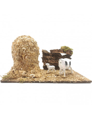 Tradineur - Corral para belén navideño 8,5 x 15,5 x 9 cm, resina y corcho, animales de granja para nacimiento, figuras decorativ