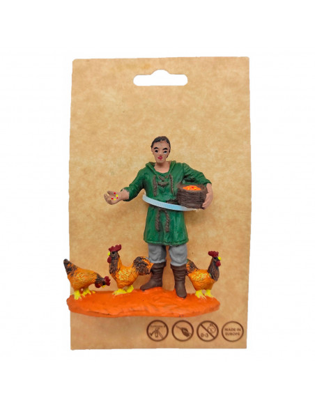 Tradineur - Figura de granjero con gallinas para belén navideño 8,5 x 8 cm, durexina, figura decorativa nacimiento, pesebre, nav