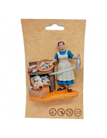 Tradineur - Figura de pescadera para belén navideño 8,5 x 9 cm, durexina, figura decorativa oficios nacimiento, pesebre, navidad