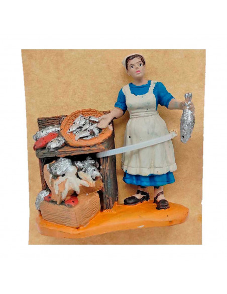 Tradineur - Figura de pescadera para belén navideño 8,5 x 9 cm, durexina, figura decorativa oficios nacimiento, pesebre, navidad