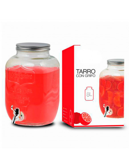 Tradineur - Tarro dispensador con grifo - Fabricado en Cristal Transparente - Capacidad de 8 Litros - Recipiente para servir agu
