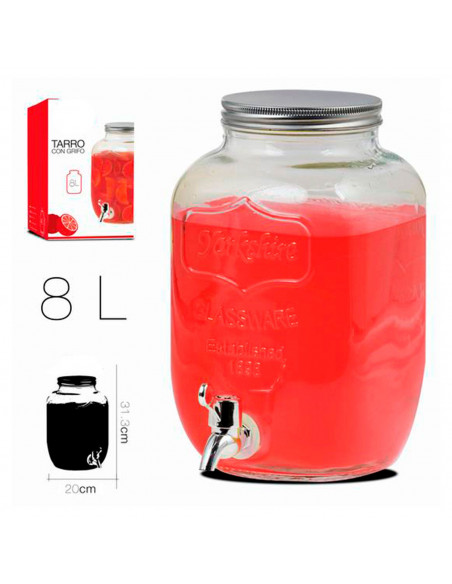 Tradineur - Tarro dispensador con grifo - Fabricado en Cristal Transparente - Capacidad de 8 Litros - Recipiente para servir agu