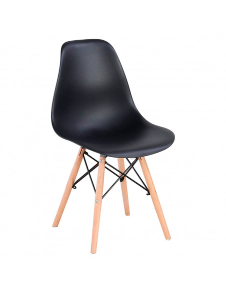 Silla con patas de madera y asiento de plástico negro 81 x 45 x 46 cm, estilo nórdico, silla de interior, diseño escandinavo, id