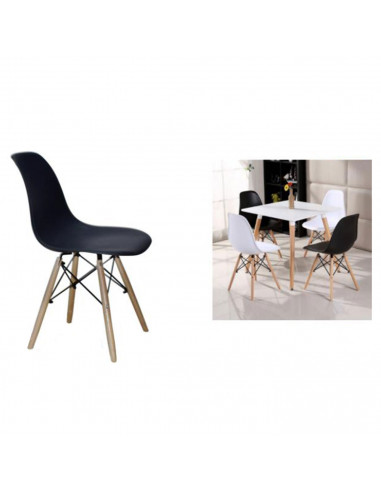 Silla con patas de madera y asiento de plástico negro 81 x 45 x 46 cm, estilo nórdico, silla de interior, diseño escandinavo, id