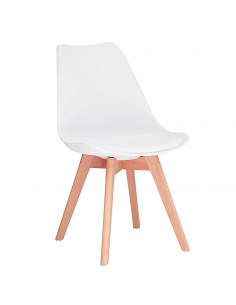 Silla con cojín, asiento de plástico y patas de madera, estilo nórdico, silla de interior, diseño escandinavo, color blanco, 81