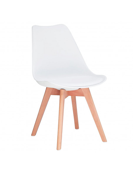 Silla con cojín, asiento de plástico y patas de madera, estilo nórdico, silla de interior, diseño escandinavo, color blanco, 81