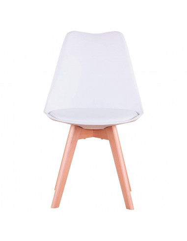Silla con cojín, asiento de plástico y patas de madera, estilo nórdico, silla de interior, diseño escandinavo, color blanco, 81