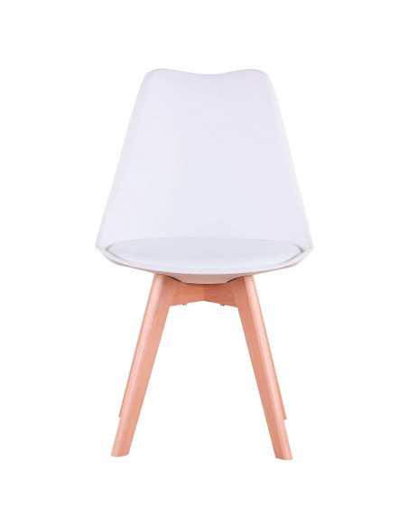 Silla con cojín, asiento de plástico y patas de madera, estilo nórdico, silla de interior, diseño escandinavo, color blanco, 81