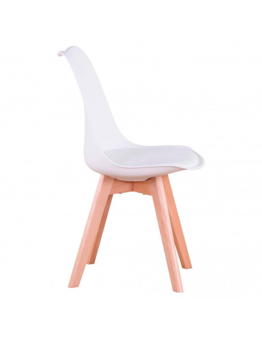 Silla con cojín, asiento de plástico y patas de madera, estilo nórdico, silla de interior, diseño escandinavo, color blanco, 81