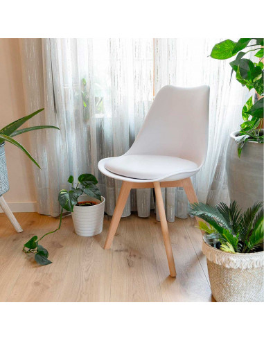 Silla con cojín, asiento de plástico y patas de madera, estilo nórdico, silla de interior, diseño escandinavo, color blanco, 81