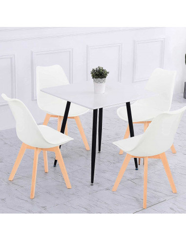Silla con cojín, asiento de plástico y patas de madera, estilo nórdico, silla de interior, diseño escandinavo, color blanco, 81