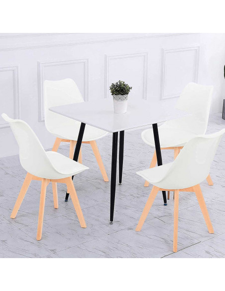 Silla con cojín, asiento de plástico y patas de madera, estilo nórdico, silla de interior, diseño escandinavo, color blanco, 81