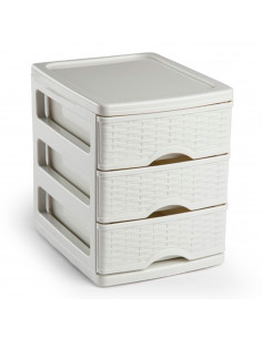 Tradineur - Cajonera de sobremesa, plástico, 3 cajones, 17 x 13,5 x 17 cm, modelo Turia, efecto mimbre, torre almacenaje multius