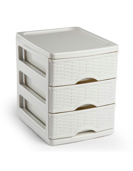 Tradineur - Cajonera de sobremesa, plástico, 3 cajones, 17 x 13,5 x 17 cm, modelo Turia, efecto mimbre, torre almacenaje multius