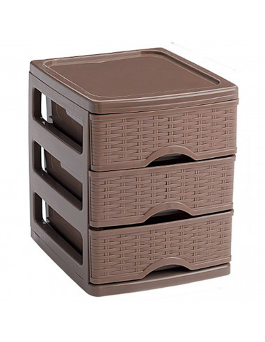Tradineur - Cajonera de sobremesa, plástico, 3 cajones, 17 x 13,5 x 17 cm, modelo Turia, efecto mimbre, torre almacenaje multius