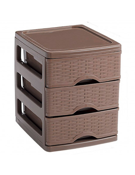 Tradineur - Cajonera de sobremesa, plástico, 3 cajones, 17 x 13,5 x 17 cm, modelo Turia, efecto mimbre, torre almacenaje multius