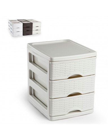 Tradineur - Cajonera de sobremesa, plástico, 3 cajones, 17 x 13,5 x 17 cm, modelo Turia, efecto mimbre, torre almacenaje multius