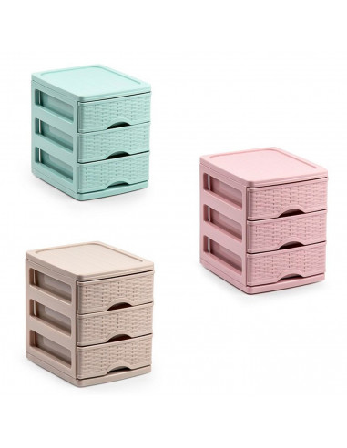 Tradineur - Cajonera de plástico, sobremesa, 3 cajones, 17 x 13,5 x 17 cm, modelo Turia, efecto mimbre, torre almacenaje multius