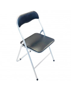 Silla plegable con asiento y respaldo acolchado negro, asiento de 37,5 x 39 cm, estructura metálica gris, 80 x 43 x 45 cm, gomas